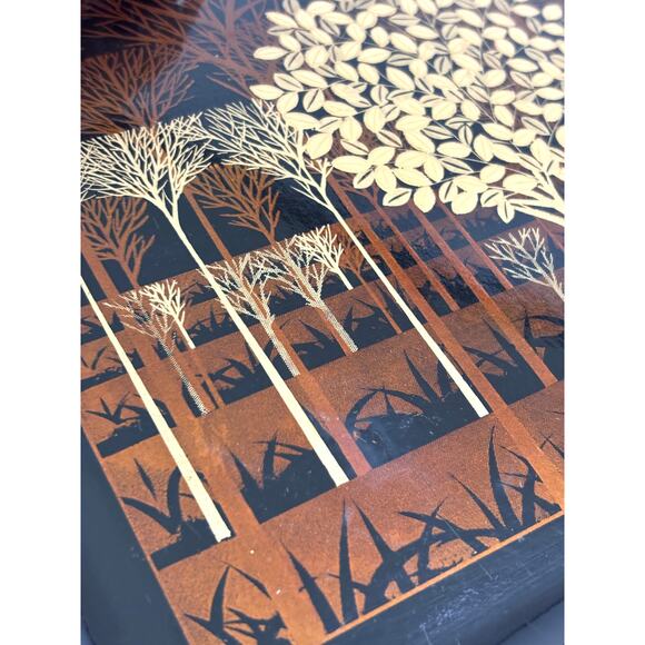 VTG Lacquerware Serving Tray Otagiri Original Japan Gold Gilt Tree Forest 14" - Picture 9 of 13